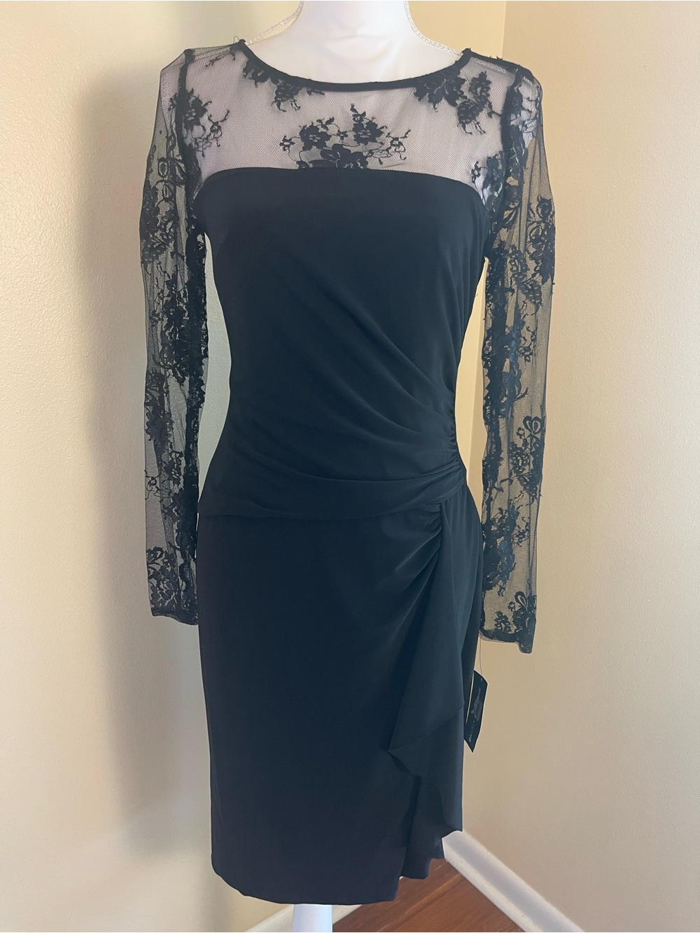 Black Sheer Floral Lace Faux Wrap Dress 8 Ruched Stretchy Cocktail Party Formal - Picture 4 of 16